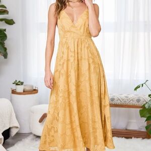 Lulus Philosophy of Beauty Mustard Yellow Burnout Floral Midi Dress Size XS